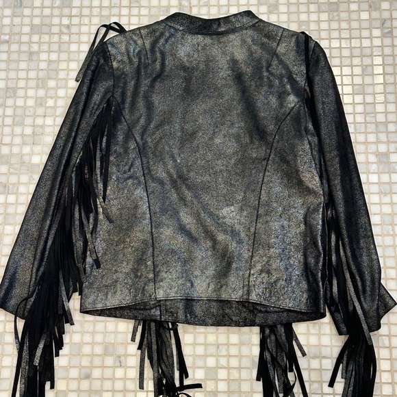 CLEOBELLA Everly Metallic Leather Fringe Metallic Black Jacket - Picture 8 of 12